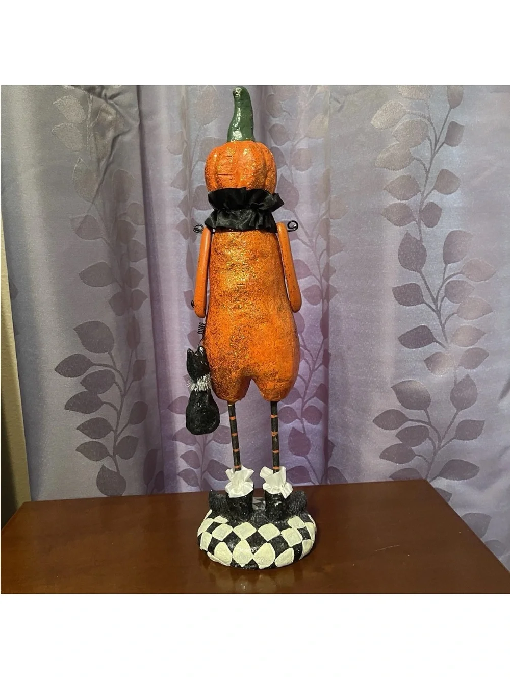 RARE Pier 1 Pumpkin Head With Cat Halloween Figurine Folk Art  Glittery 15½